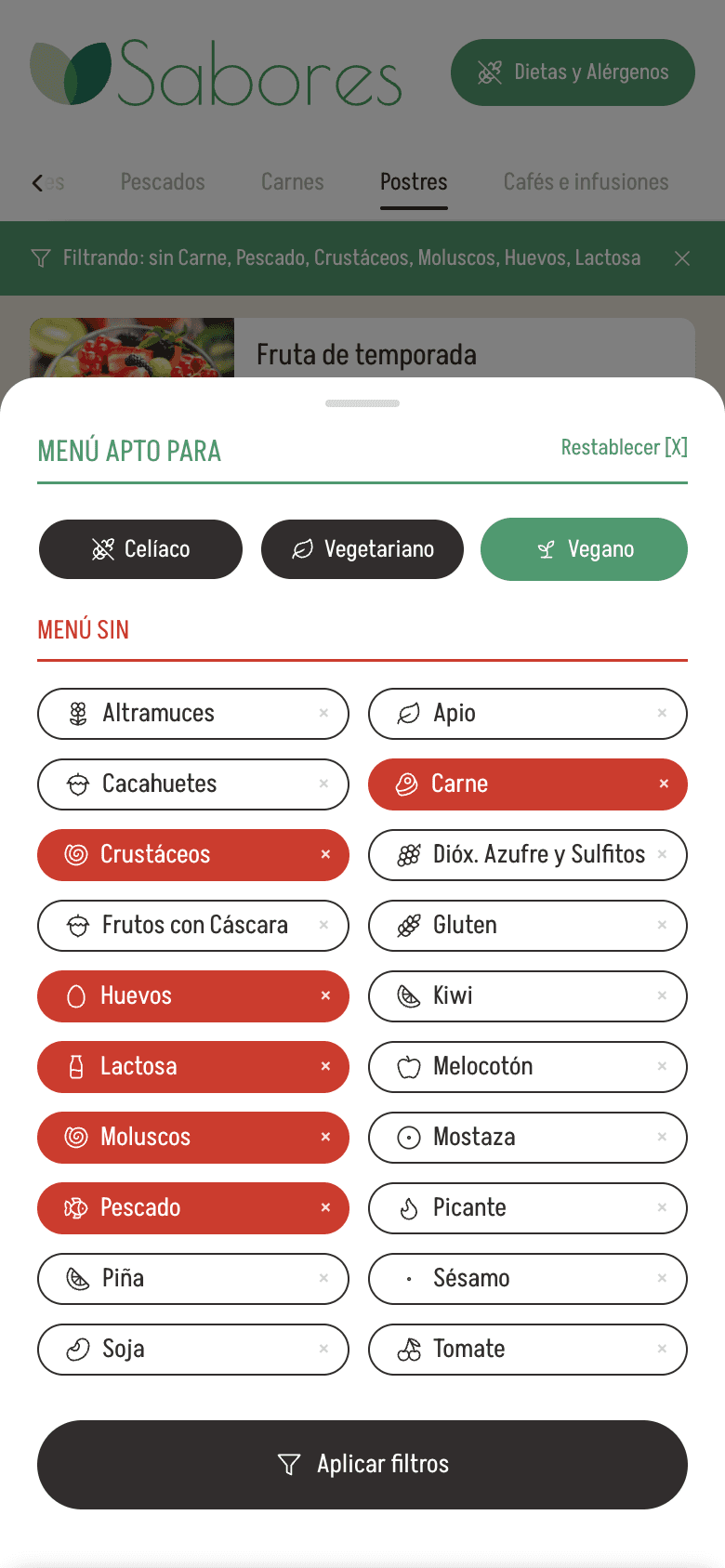 Filtro de dietas y alérgenos